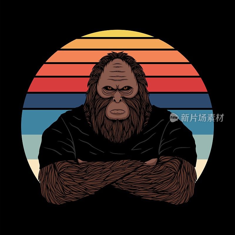Bigfoot fierce face sunset retro vector illustration